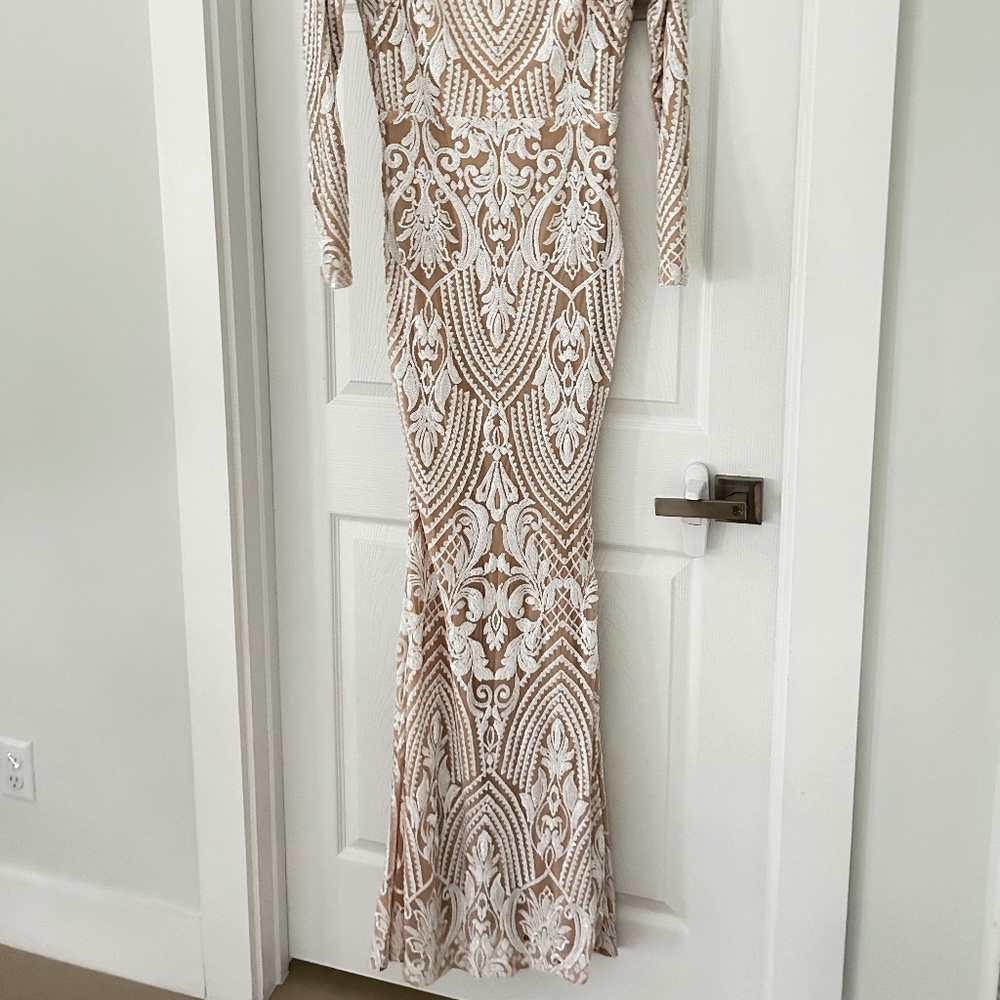 Tan/ nude colored lace patterned sequin dress